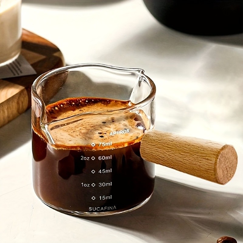 YUHUPHYLLIC Clear Glass Measuring Cup – 2.6oz Precision Scale with Wooden Handle for Espresso & Coffee Brewing