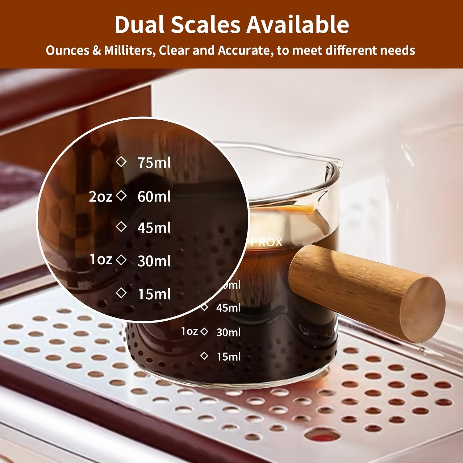 YUHUPHYLLIC Clear Glass Measuring Cup – 2.6oz Precision Scale with Wooden Handle for Espresso & Coffee Brewing