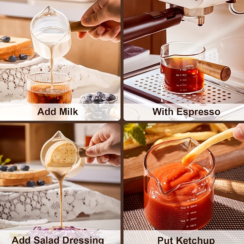 YUHUPHYLLIC Clear Glass Measuring Cup – 2.6oz Precision Scale with Wooden Handle for Espresso & Coffee Brewing