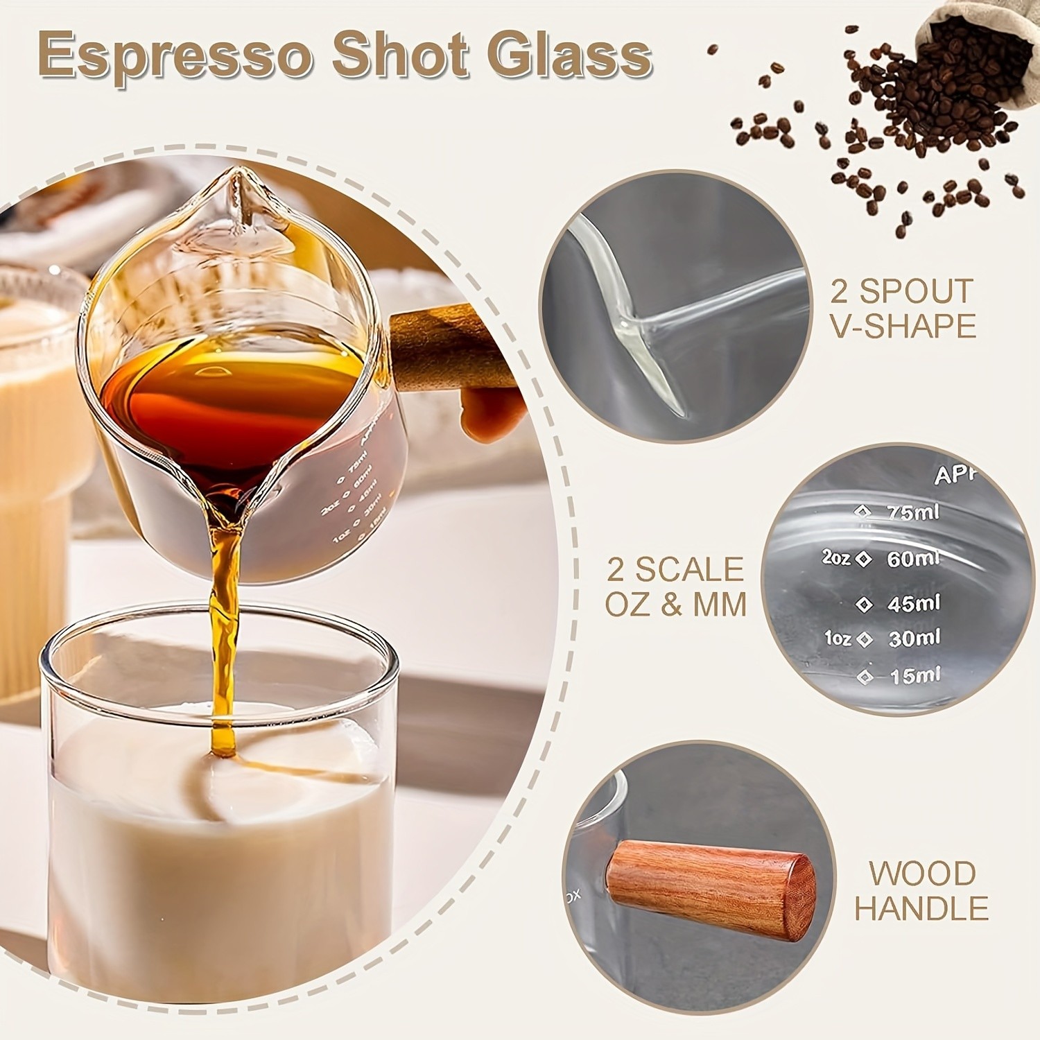YUHUPHYLLIC Clear Glass Measuring Cup – 2.6oz Precision Scale with Wooden Handle for Espresso & Coffee Brewing