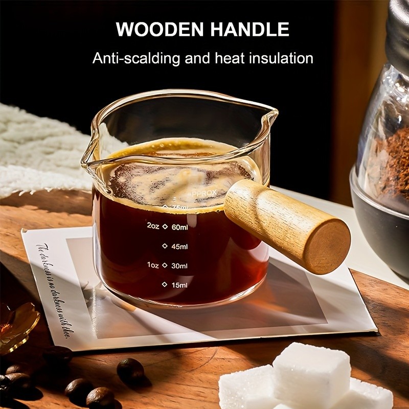 YUHUPHYLLIC Clear Glass Measuring Cup – 2.6oz Precision Scale with Wooden Handle for Espresso & Coffee Brewing