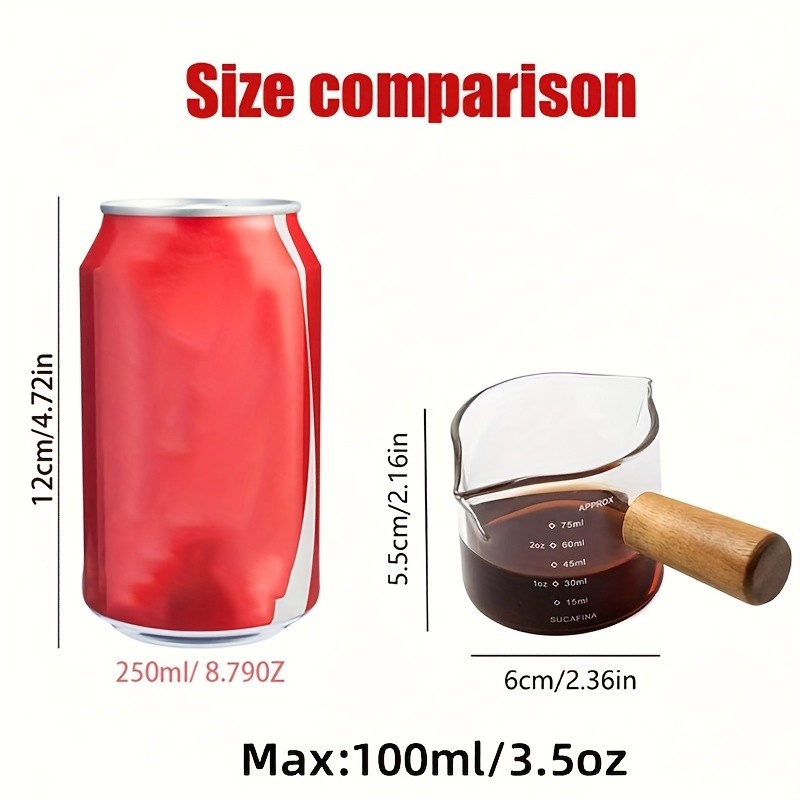 YUHUPHYLLIC Clear Glass Measuring Cup – 2.6oz Precision Scale with Wooden Handle for Espresso & Coffee Brewing