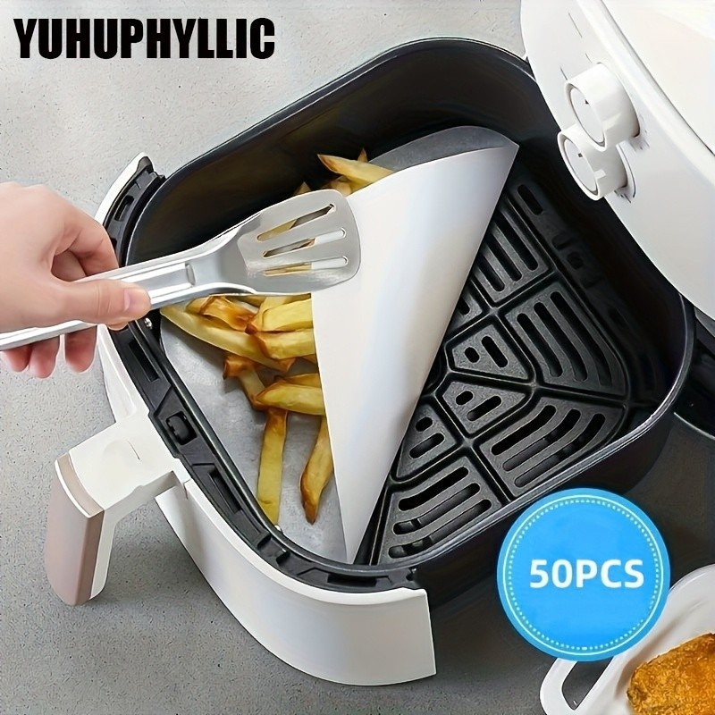 YUHUPHYLLIC 50pcs Air Fryer Liners – Non-Stick Oil Absorbing Parchment Paper for Cooking & Baking