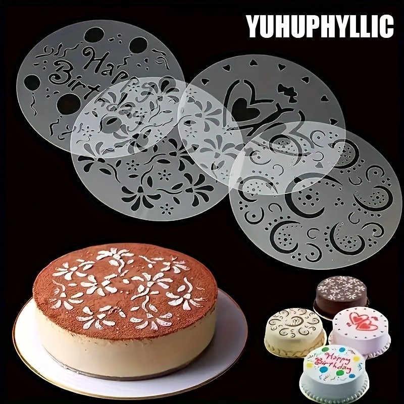 YUHUPHYLLIC 4pcs Cake Decorating Stencil Set – PVC Tools for Cupcakes, Weddings & Parties