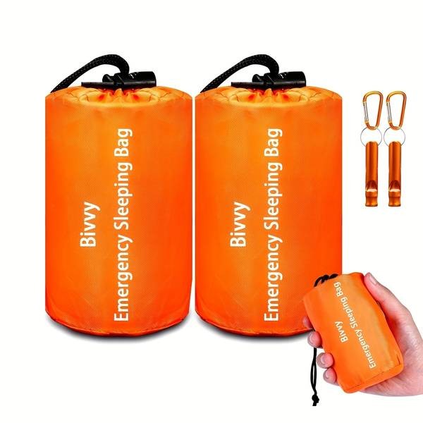 2/4 Pack Orange Portable Warm Sleeping Bags with Whistle & Climbing Loop – Survival Gear for Camping & Hiking