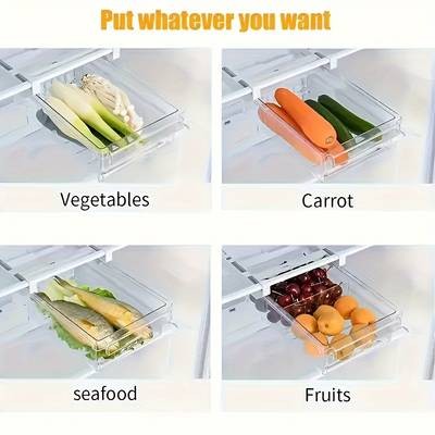 FARIDABIO 2pcs Refrigerator Hanging Storage Drawer Organizer – Heavy-Duty Plastic Fridge Tray with Adjustable Shelves & Hooks