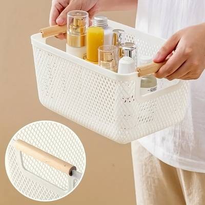 FARIDABIO 3pcs Plastic Storage Baskets with Double Wooden Handles – Lightweight, Multi-Purpose Organizers