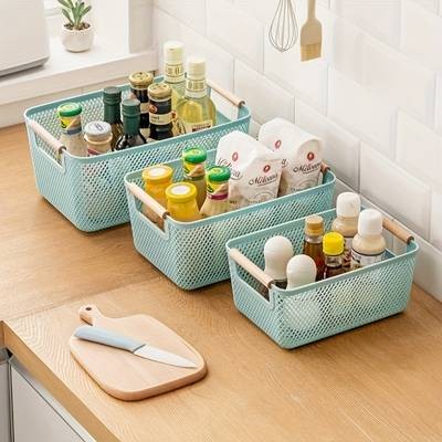 FARIDABIO 3pcs Plastic Storage Baskets with Double Wooden Handles – Lightweight, Multi-Purpose Organizers