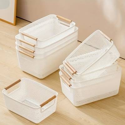FARIDABIO 3pcs Plastic Storage Baskets with Double Wooden Handles – Lightweight, Multi-Purpose Organizers