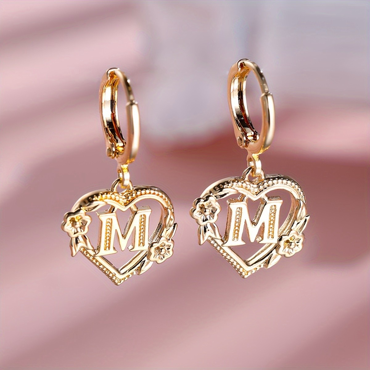 ANGOL 2pcs Golden Letter Heart Flower Ear Clips – Elegant Fashion Jewelry for Banquet and Party Wear