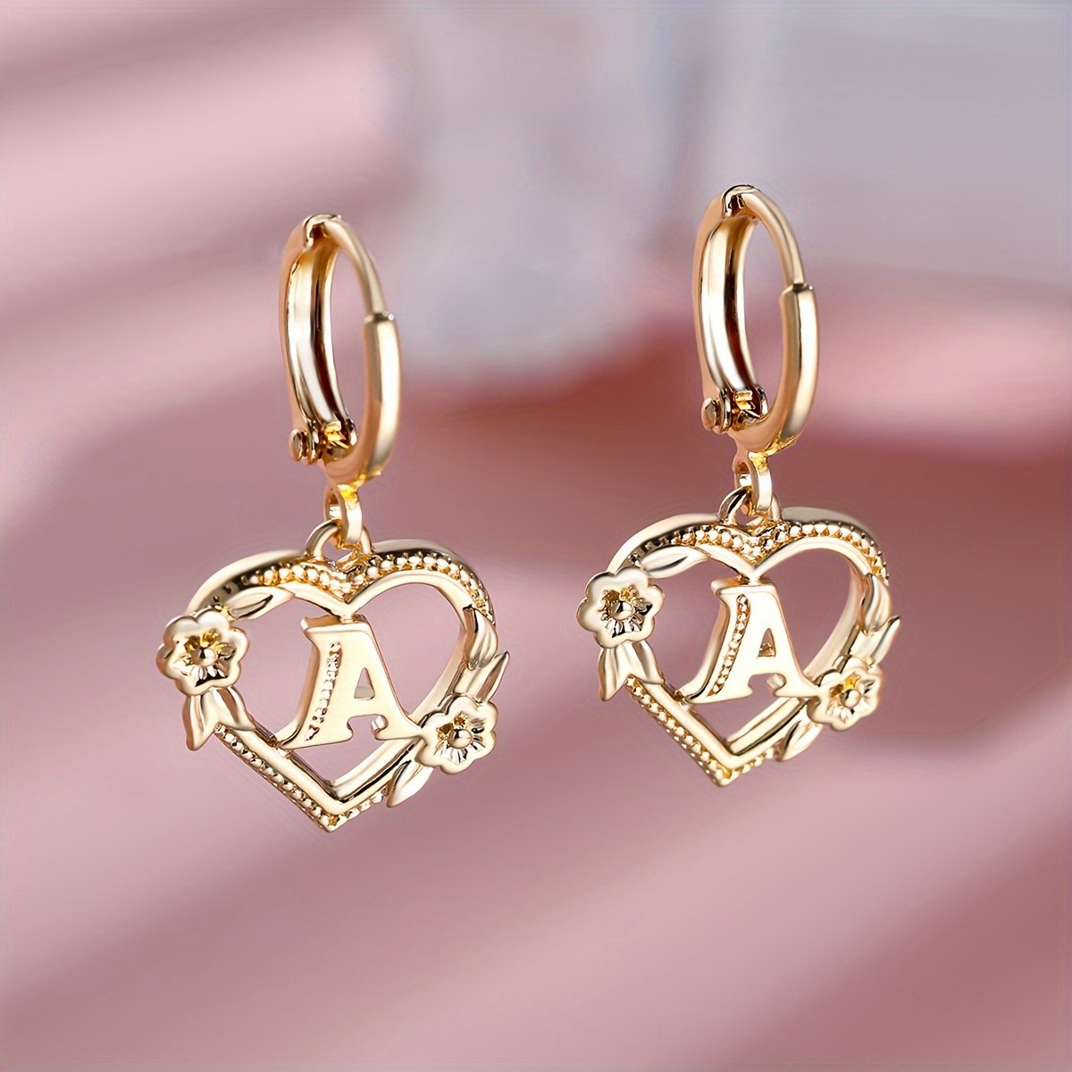 ANGOL 2pcs Golden Letter Heart Flower Ear Clips – Elegant Fashion Jewelry for Banquet and Party Wear