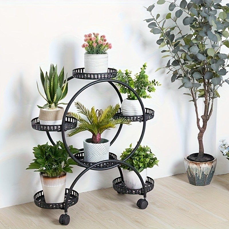 wisfor 6 Pot Metal Plant Stand – Multi-Layer, Rolling Plant Rack for Indoor and Outdoor Use