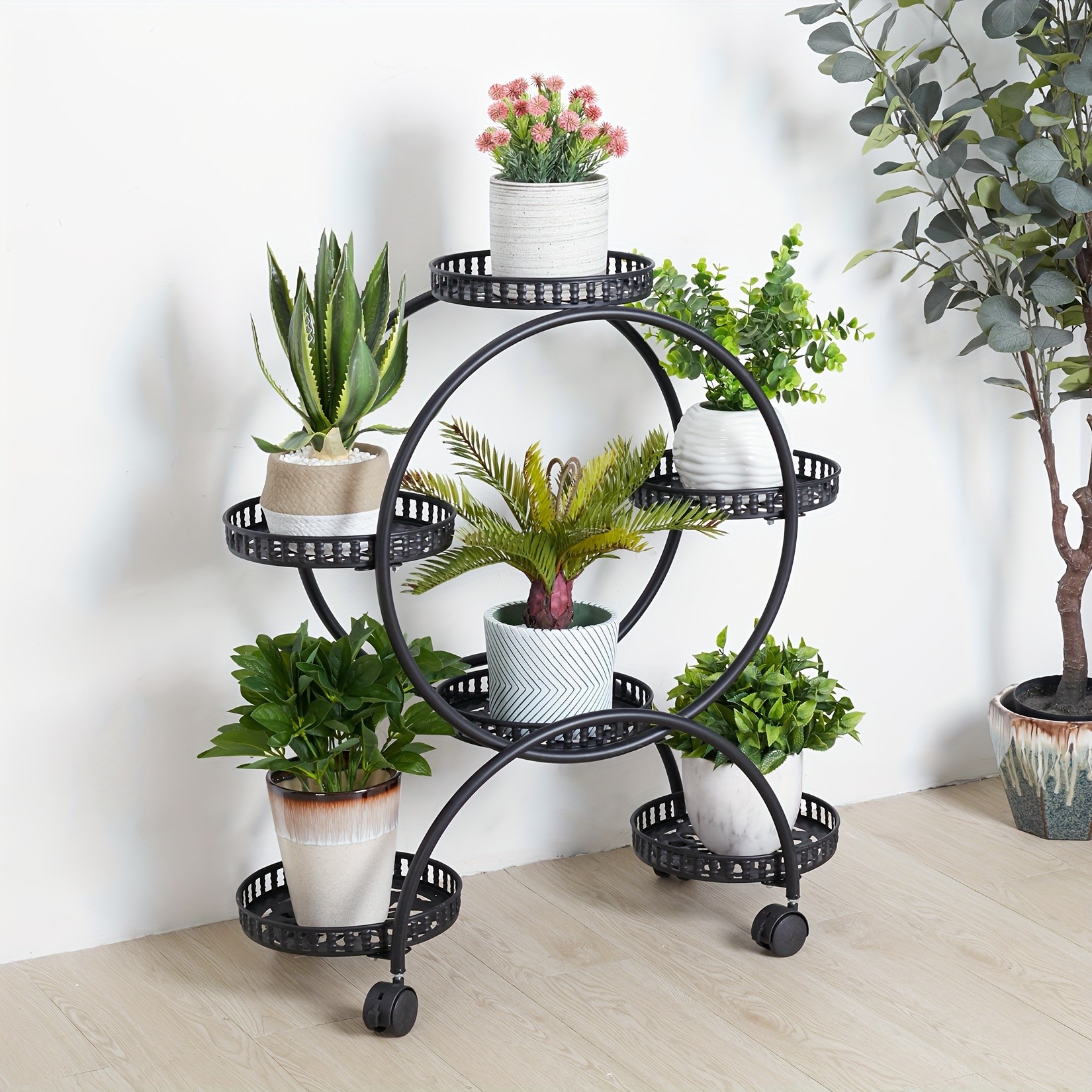 wisfor 6 Pot Metal Plant Stand – Multi-Layer, Rolling Plant Rack for Indoor and Outdoor Use