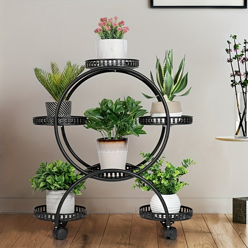 wisfor 6 Pot Metal Plant Stand – Multi-Layer, Rolling Plant Rack for Indoor and Outdoor Use