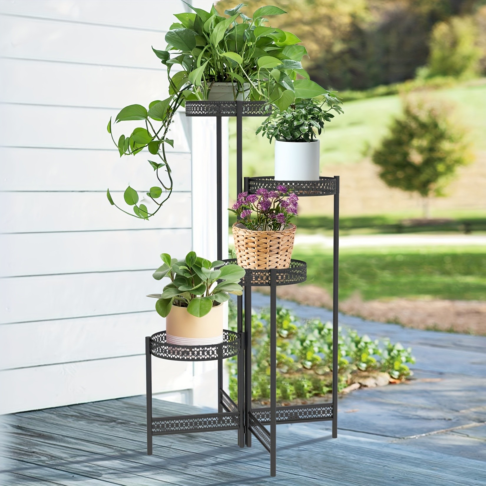 wisfor 4-Tier Folding Metal Planter Pots Holder – Elegant and Durable Storage for Indoor and Outdoor Plants
