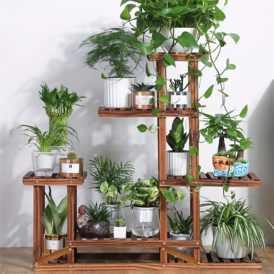 wisfor Sturdy 6-Tier Pine Wood Planter Stand – Elegant and Practical Flower Display Rack for Indoor and Outdoor Use