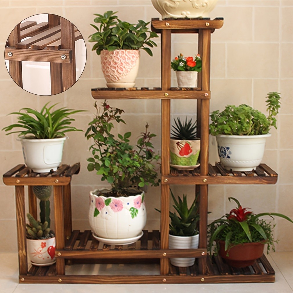 wisfor Sturdy 6-Tier Pine Wood Planter Stand – Elegant and Practical Flower Display Rack for Indoor and Outdoor Use