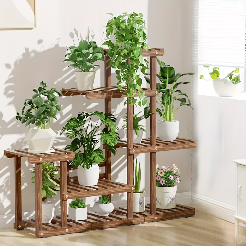 wisfor Sturdy 6-Tier Pine Wood Planter Stand – Elegant and Practical Flower Display Rack for Indoor and Outdoor Use