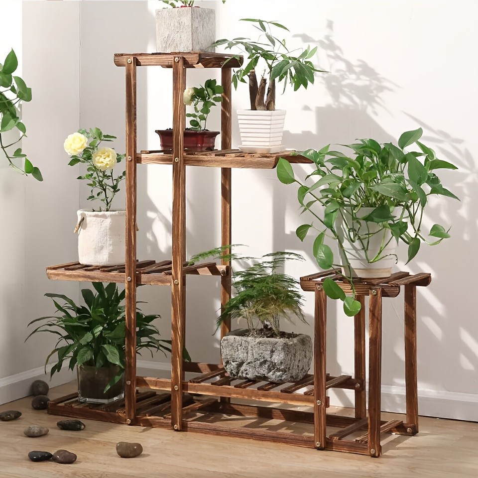 wisfor Sturdy 6-Tier Pine Wood Planter Stand – Elegant and Practical Flower Display Rack for Indoor and Outdoor Use