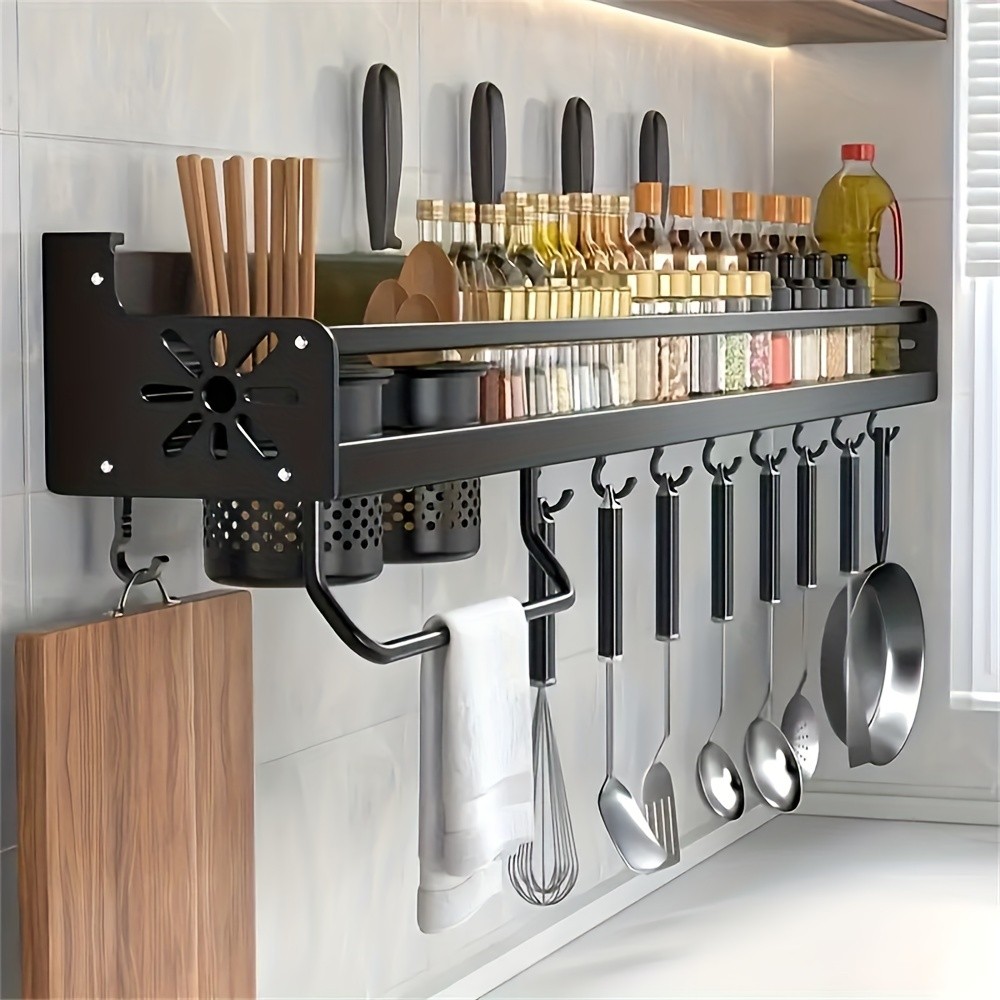 FARIDABIO Varnished Metal Hanging Shelf – Wall-Mounted Kitchen Utensil Rack with Hooks