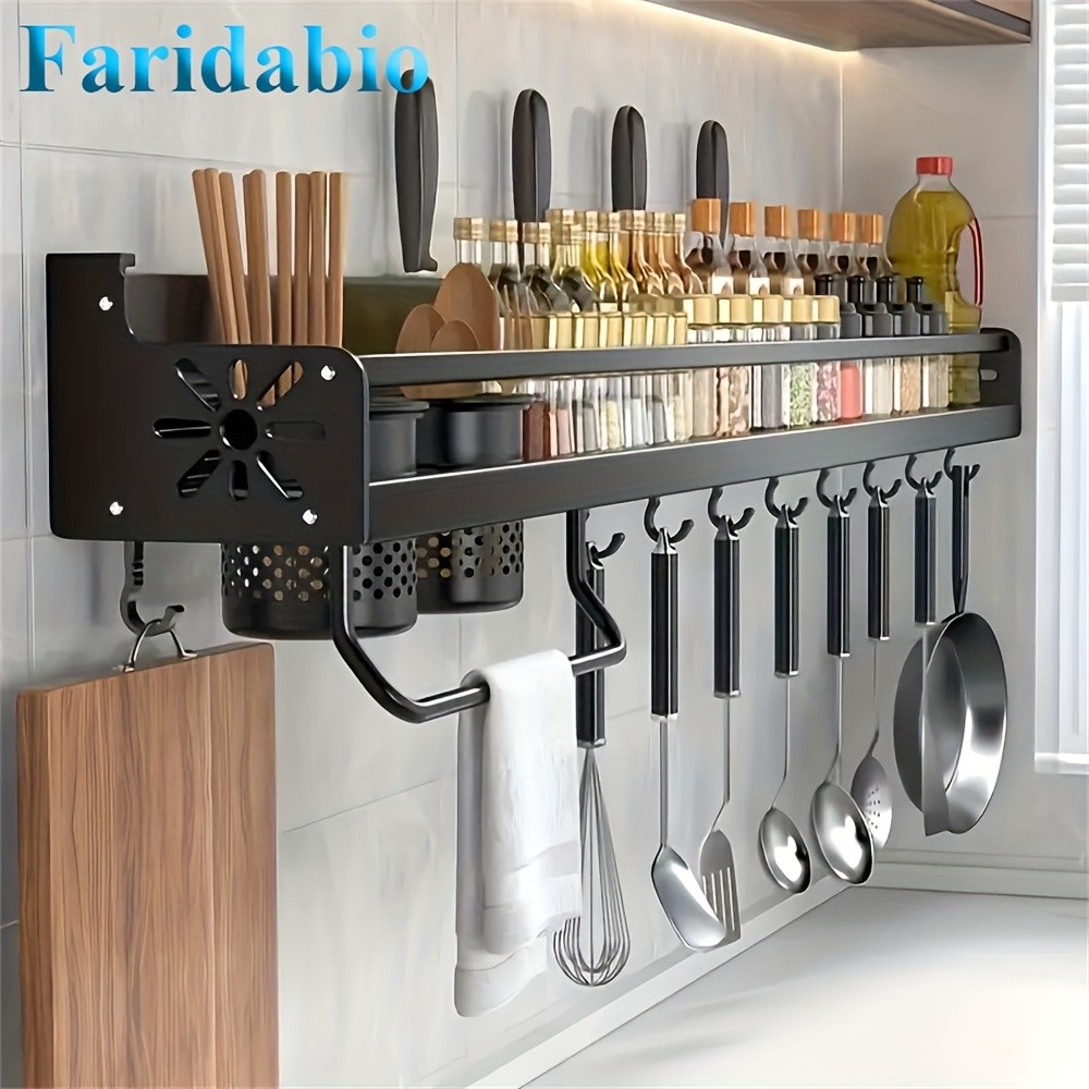FARIDABIO Varnished Metal Hanging Shelf – Wall-Mounted Kitchen Utensil Rack with Hooks