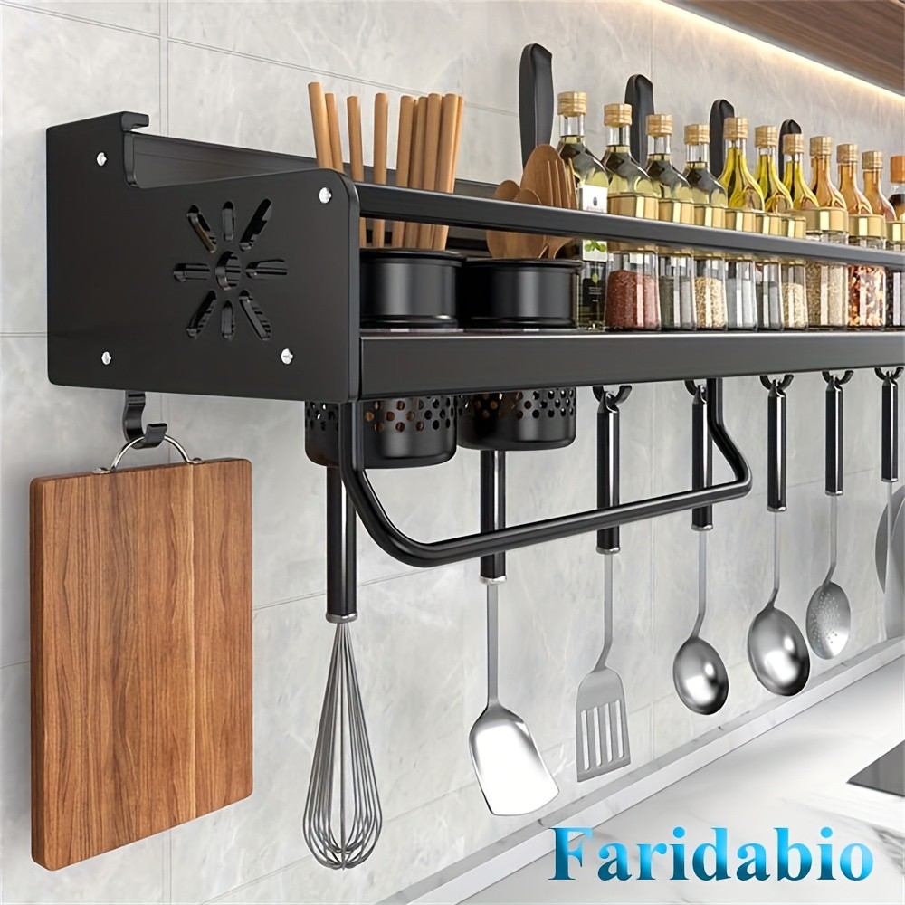 FARIDABIO Varnished Metal Hanging Shelf – Wall-Mounted Kitchen Utensil Rack with Hooks