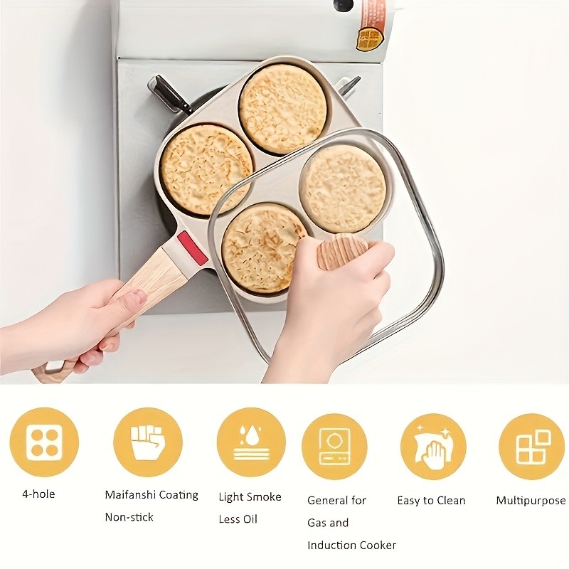 FARIDABIO 4-Holes Frying Pan with Lid – Non-Stick Egg and Burger Cooking Pan with Wooden Handle