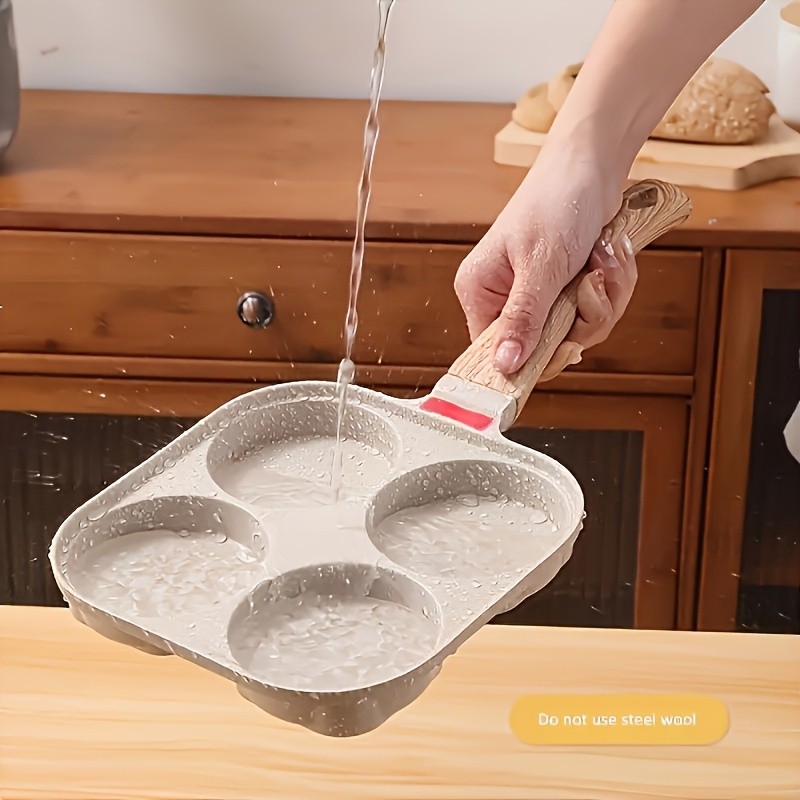 FARIDABIO 4-Holes Frying Pan with Lid – Non-Stick Egg and Burger Cooking Pan with Wooden Handle