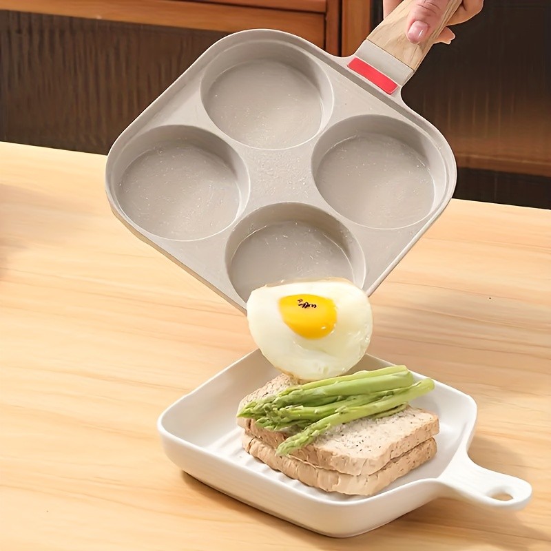 FARIDABIO 4-Holes Frying Pan with Lid – Non-Stick Egg and Burger Cooking Pan with Wooden Handle