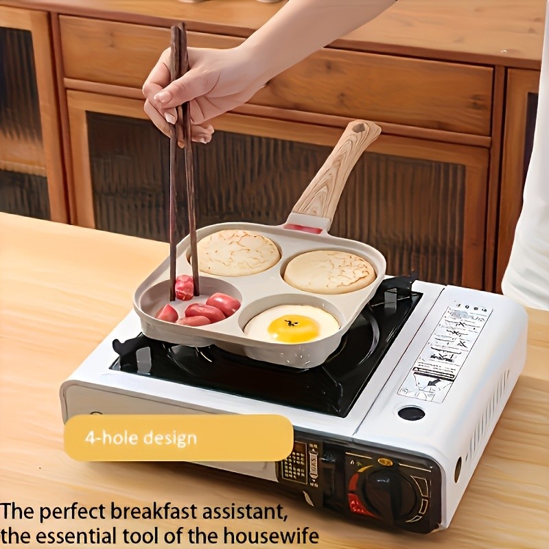 FARIDABIO 4-Holes Frying Pan with Lid – Non-Stick Egg and Burger Cooking Pan with Wooden Handle