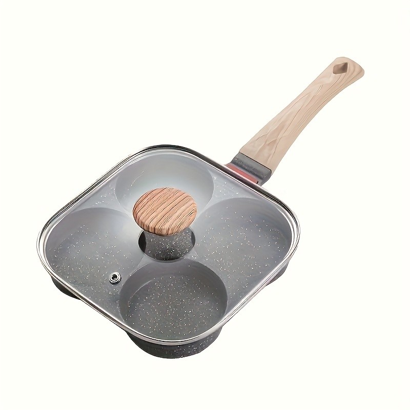 FARIDABIO 4-Holes Frying Pan with Lid – Non-Stick Egg and Burger Cooking Pan with Wooden Handle