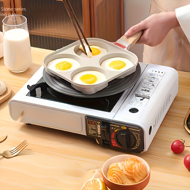 FARIDABIO 4-Holes Frying Pan with Lid – Non-Stick Egg and Burger Cooking Pan with Wooden Handle