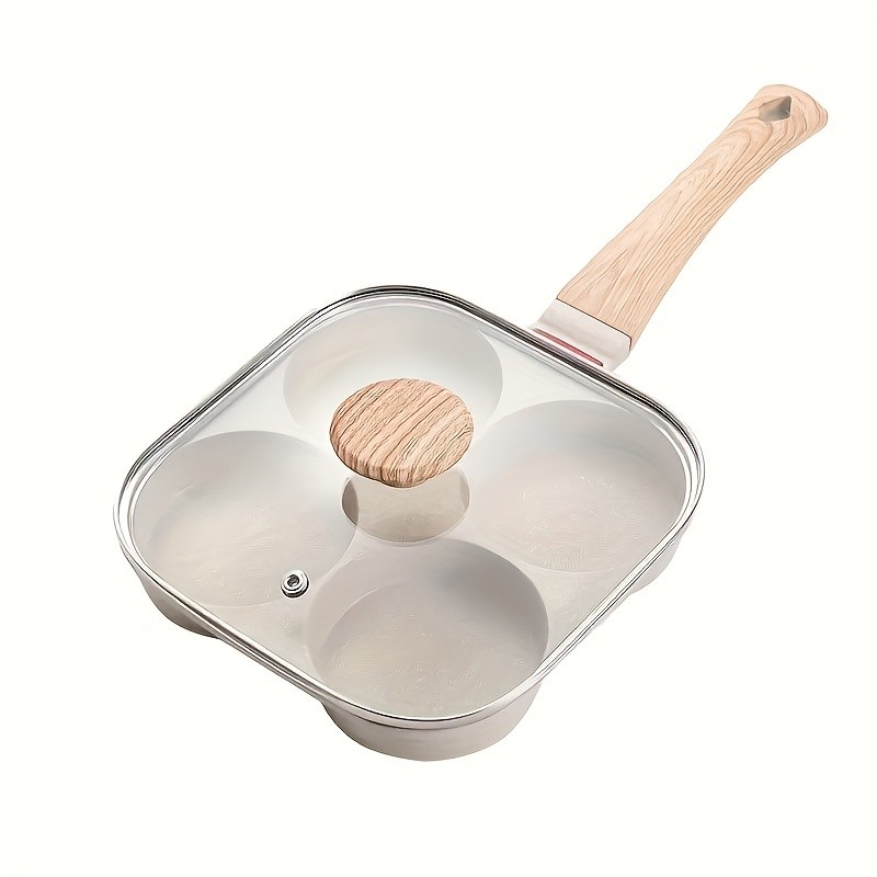 FARIDABIO 4-Holes Frying Pan with Lid – Non-Stick Egg and Burger Cooking Pan with Wooden Handle