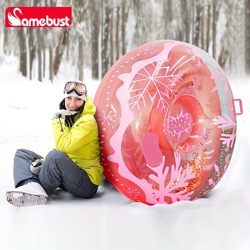 CAMEBUST 91.44cm Heavy-Duty Inflatable Snow Tube – Pink/White Blow-Up Sled with Star & Snowflake Design