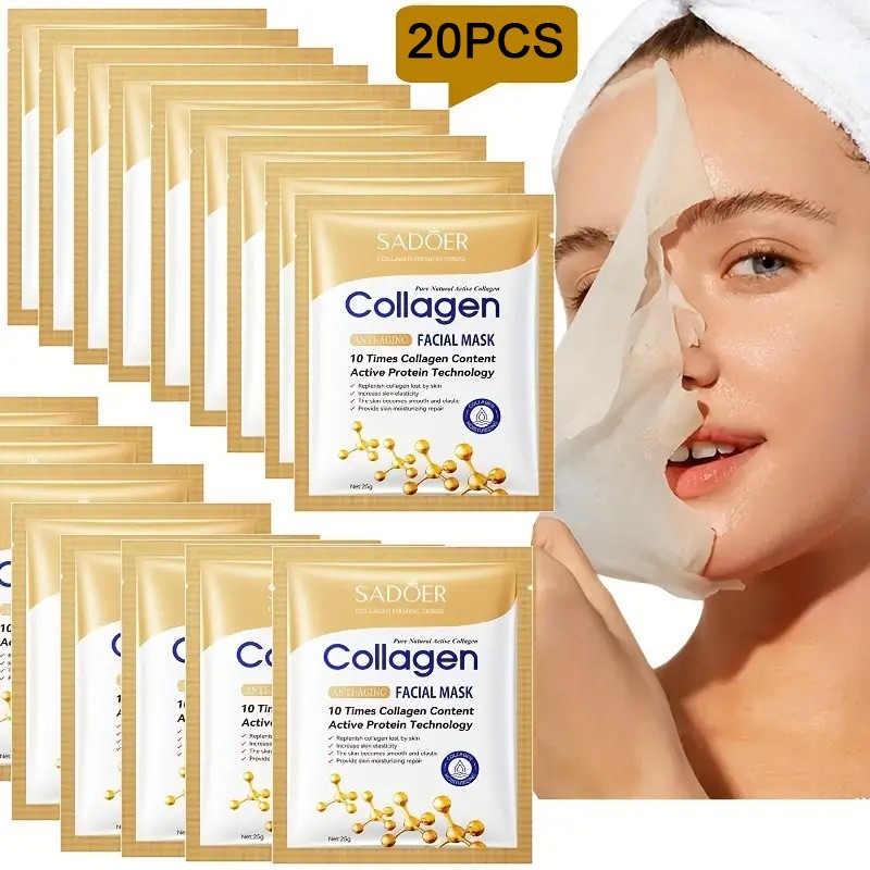 SADOER 20-Pack Collagen Face Mask with 95% Pure Collagen Formula – Deep Hydration & Instant Glow with Collagen-Infused Skincare