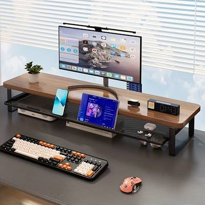PMMJ Dual-Layer Computer Stand with Drawers – Space-Saving Monitor Stand with Enhanced Airflow and Storage