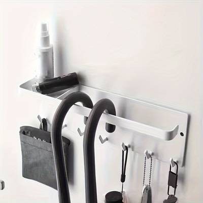 PMMJ Space-Saving Magnetic Metal Storage Rack with Key Hooks – Wall-Mounted Organizer for Umbrellas, Sprays, and Towels