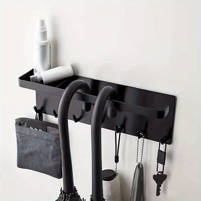 PMMJ Space-Saving Magnetic Metal Storage Rack with Key Hooks – Wall-Mounted Organizer for Umbrellas, Sprays, and Towels