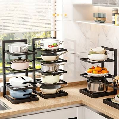 PMMJ Height Adjustable Three and Four Tier Pot Rack – Space-Saving Kitchen Storage for Pots and Household Supplies