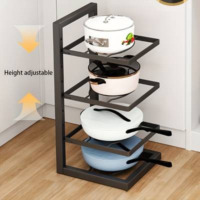PMMJ Height Adjustable Three and Four Tier Pot Rack – Space-Saving Kitchen Storage for Pots and Household Supplies