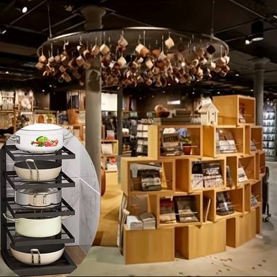 PMMJ Height Adjustable Three and Four Tier Pot Rack – Space-Saving Kitchen Storage for Pots and Household Supplies