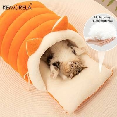 KEMORELA 2025 New Cat Ear Cat Bed – Soft, Plush Semi-Enclosed Pet Nest for Ultimate Comfort