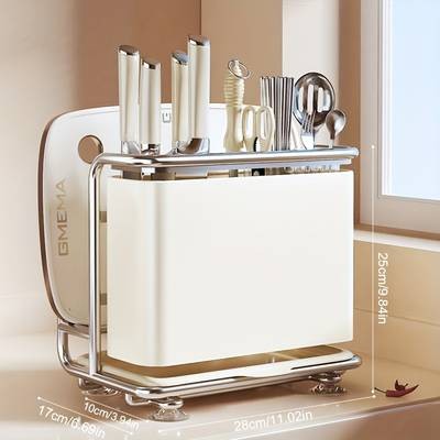FARIDABIO Stainless Steel Knife Block Organizer with Drain Tray – Durable Multi-Functional Kitchen Storage Rack