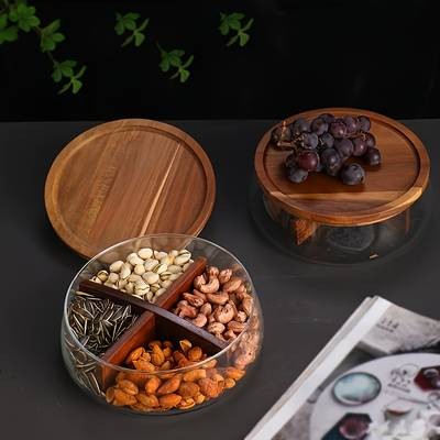 Faridabio Glass Food Storage Container with Wooden Lid – Elegant Round Design for Nuts, Fruits, Cereals, and Candy