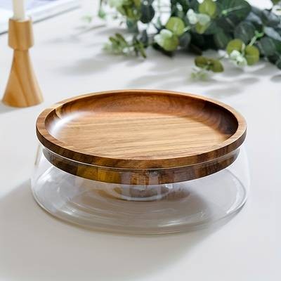 Faridabio Glass Food Storage Container with Wooden Lid – Elegant Round Design for Nuts, Fruits, Cereals, and Candy