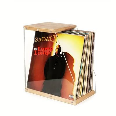 FARIDABIO Acrylic Record Shelf with Sleek Wooden Base – Modern Display Shelf for Vinyl Records, Books, and Tapes