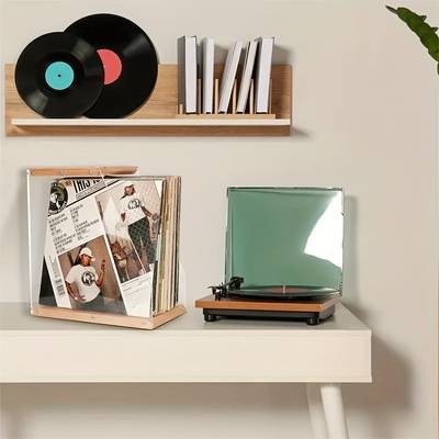 FARIDABIO Acrylic Record Shelf with Sleek Wooden Base – Modern Display Shelf for Vinyl Records, Books, and Tapes