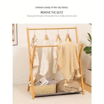 FARIDABIO Foldable Wooden Coat Rack – Freestanding Multipurpose Valet Stand with Basket