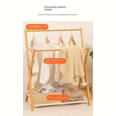 FARIDABIO Foldable Wooden Coat Rack – Freestanding Multipurpose Valet Stand with Basket