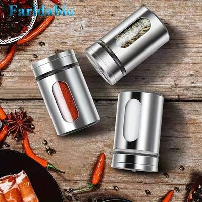 Faridabio 12pcs Stainless Steel Seasoning Jars with Glass Lids – Durable Spice & Salt Shakers for BBQ and Cooking